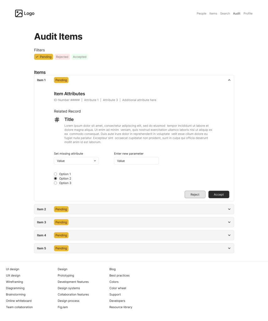 A different section of the application, dedicated to reviewing and modifying items that have issues to be resolved. Each unresolved item can be expanded, to see what the problem is, and which settings need to be modified in order to resolve the issue. Once resolved, the item can be accepted.