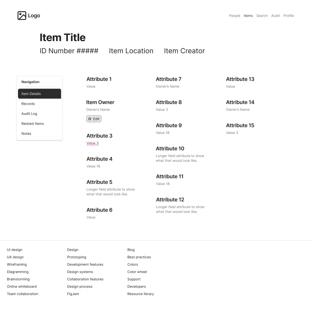 A detail page for an item in a database. The page includes various attributes and traits of the given item, as well as a lefthand navigation menu to view additional aspects of the item.