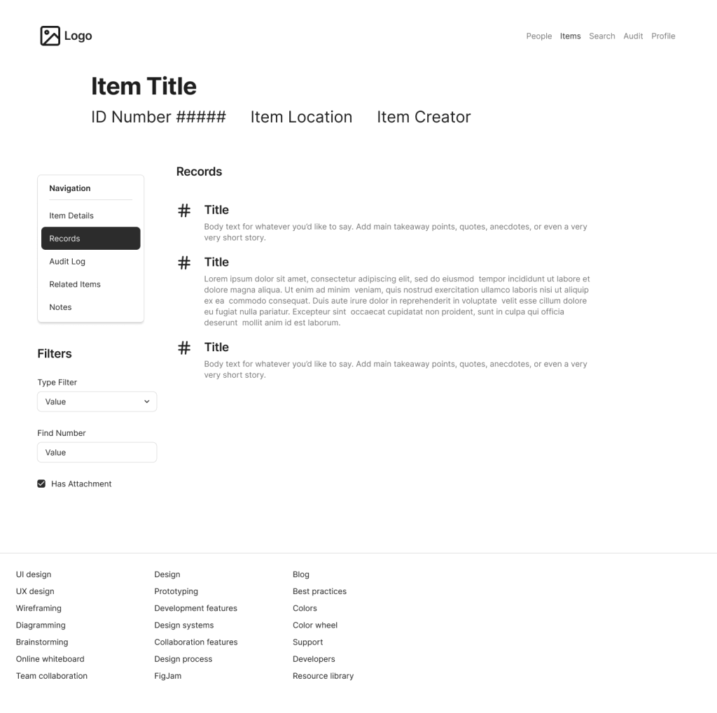 A second page of the item details. This includes a list of record entries entered for that item, sorted chronologically and numbered. Along the left is a set of filter controls, to help locate a specific record entry.